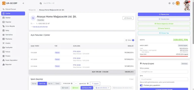 UR-GE ERP cari hesap detay ekranı: açık faturalar, bakiye, kredi limiti ve portal erişimi