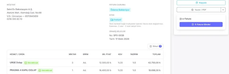 UR-GE ERP fatura detay ekranı: müşteri, sipariş bağlantısı ve tek tıkla e-Fatura gönderimi