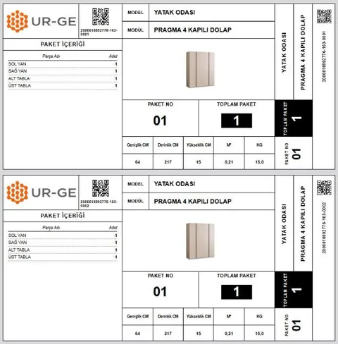 UR-GE ERP paket etiketi ekranı: QR kodlu, ürün görselli ve ölçülü mobilya koli etiketi
