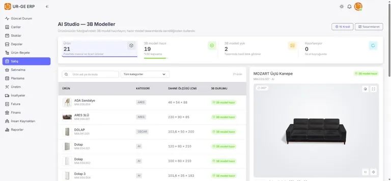 UR-GE ERP AI Studio ekranı: ürün fotoğrafından oluşturulan 3B mobilya modelleri ve 360 önizleme