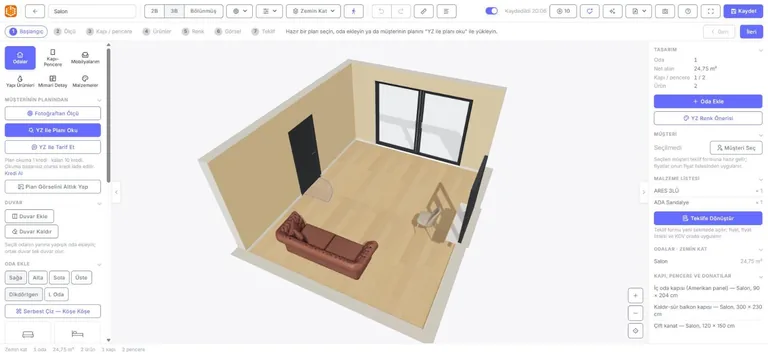 UR-GE ERP AI Studio oda tasarımı ekranı: 3B salon planı, mobilya yerleşimi ve teklife dönüştürme