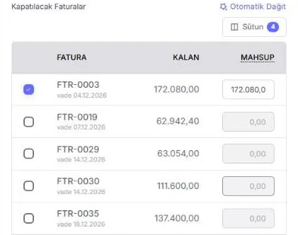 UR-GE ERP tahsilat eşleştirme ekranı: tahsilatı açık faturalara mahsup etme ve otomatik dağıtma
