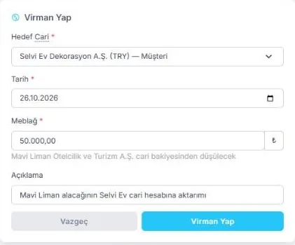 UR-GE ERP cariler arası virman ekranı: bir müşterinin alacağını başka cari hesaba aktarma