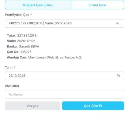 UR-GE ERP çek ciro ekranı: portföydeki müşteri çekini tedarikçi ödemesinde ciro etme