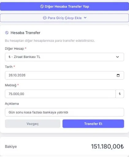 UR-GE ERP kasa banka virman ekranı: kasadan banka hesabına para transferi formu