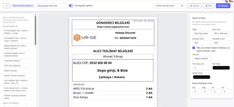 UR-GE ERP kargo etiketi tasarımı ekranı: 100x200 mm gönderici ve alıcı bilgili sipariş etiketi